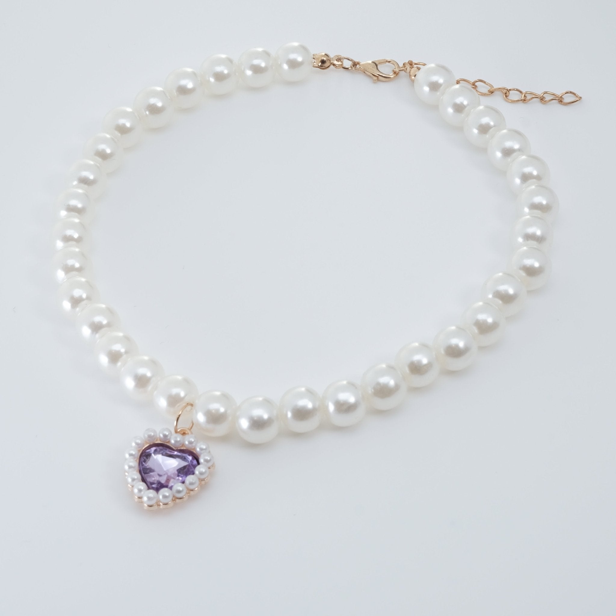 Pearl Necklace (Purple Gemstone Heart)